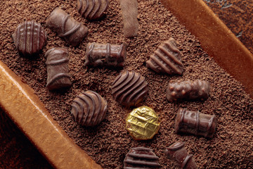 Various chocolate candies with chocolate chips.