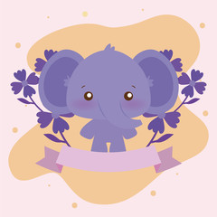 Cute elephant cartoon with flowers and ribbon vector design