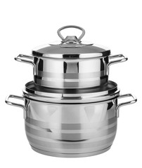 Set of stainless steel dishware isolated on white background