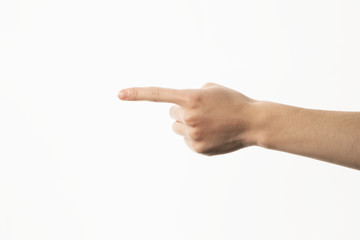 Hand of man showing pointing gesture on white background