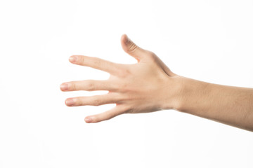 Hand of man showing opening gesture on white background