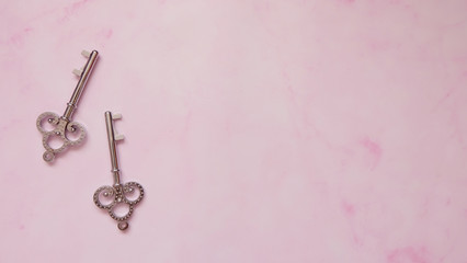 A pair of elegant decorative keys, with copy space on the right. On pink background.