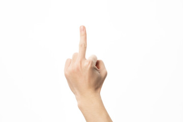 Human hand in raising middle finger gesture isolate on white background - obrazy, fototapety, plakaty