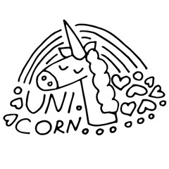 Coloring page with hand drawn unicorn with lettering.