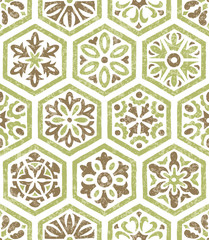 Tile seamless pattern. Patchwork style ornament. Grunge texture, vintage background. Print for textiles, wrappers. Vector illustration.