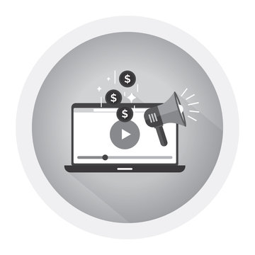 Video marketing icon concept. Making money from video with social network communication. Advertising webinar icon. Vector flat illustration for web banner. Black and white icon