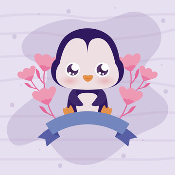 Cute penguin cartoon with flowers and ribbon vector design
