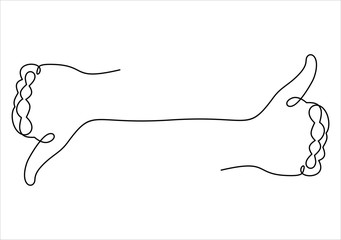 Fototapeta premium One line drawing of hands with thumbs up and thumbs down. Good and bad gesture concept. Continuous line draw design