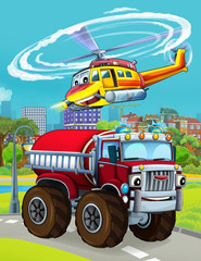 cartoon scene with fireman vehicle on the road - illustration for children