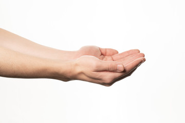 Human hand holding something gesture isolate on white background