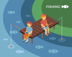 Fishing isometric digital vector with kids