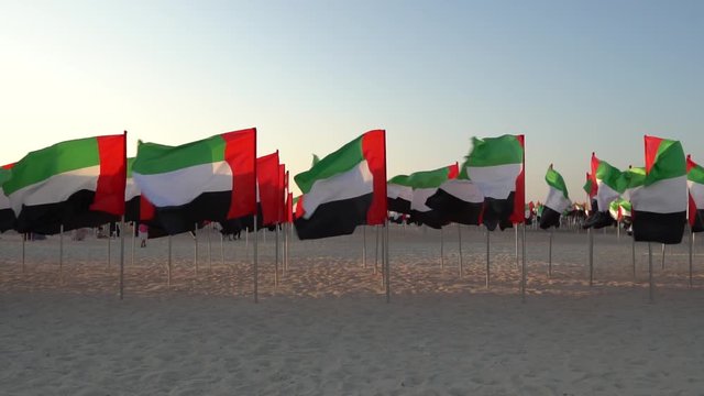UAE flags installed at the beach to celebrate National Day of United Arab Emirates in Dubai Kite Beach. Slow motion video.