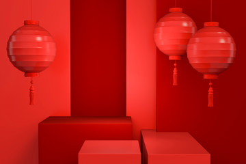 Red Chinese lanterns with podium display stand on red background 3d rendering. 3d illustration greeting for Happiness, Prosperity & Longevity. Chinese new year festival conceot.