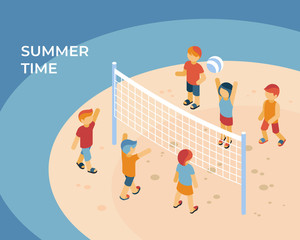 Summer time sport isometric digital vector with kids playing