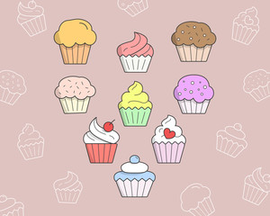 Cupcake Icons set - Vector color symbols and outline of sweet, dessert, muffin, cake and snack for the site or interface