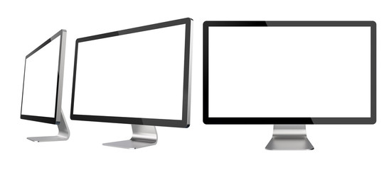 Set of Different Angles of Empty PC Monitors Isolated on White Background. Realistic 3D Illustration of Modern Sleek Screens.