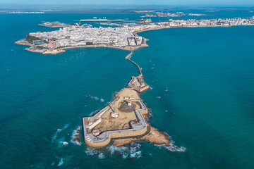 Aerial view of the city of Cadiz and the Castle of San Sebastian. 