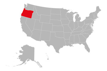 Oregon state marked red on USA political map vector illustration. Gray background