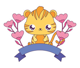 Kawaii tiger cartoon with flowers and ribbon vector design