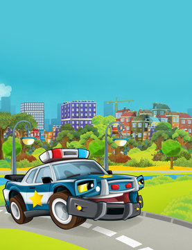 cartoon scene with police car vehicle on the road - illustration for children © honeyflavour