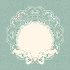 Vintage background with lace frame and ribbon for greeting card, invitation or announcement