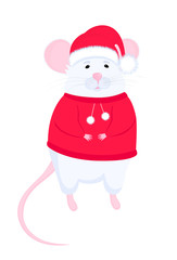 White Rat in Santa hat and red sweater. Funny mice. Lunar horoscope sign mouse. Chinese New Year 2020.