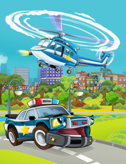 Obraz na płótnie Canvas cartoon scene with police car vehicle on the road and helicopter flying - illustration for children