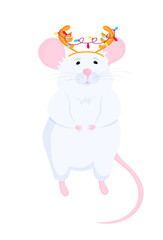 White Rat with antler. Funny mice. Lunar horoscope sign mouse. Chinese New Year 2020.