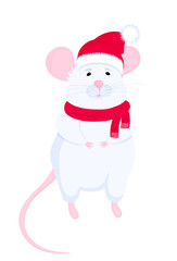 White Rat in Santa hat and scarf. Funny mice. Lunar horoscope sign mouse. Chinese Happy New Year 2020.