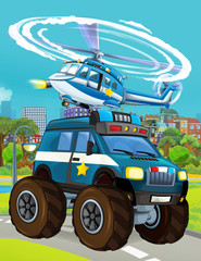 cartoon scene with police car vehicle on the road and helicopter flying - illustration for children