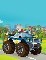 cartoon scene with police car vehicle on the road - illustration for children