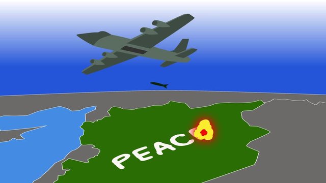 2D animation, grey bomber flying over green country with Peace written, and dropping bombs. War, conflict, heavy weapon, bombardment, bombing.