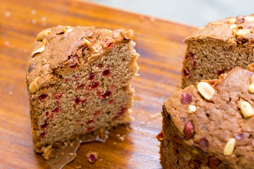 selective focus of slice pieces of delicious homemade cake.