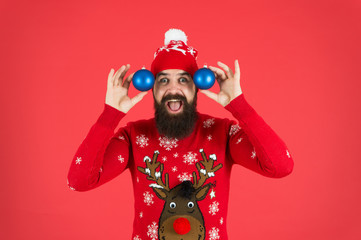 wow. new year party decor. decor shop sales. want to put it. i will take two. enjoy prepare for holiday. ready to celebrate. happy man hold christmas decoration. decorate your home and xmas tree