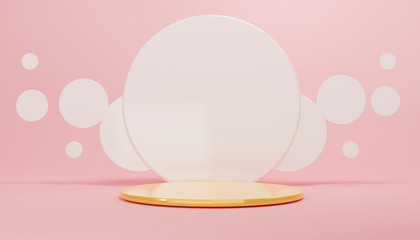 Mock up 3d rendered illustration with geometric shapes golden cylinder podium platforms for cosmatic product presentation. circle design empty space. Abstract composition in pink pastel modern style.