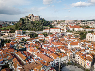 Fototapeta premium Aerial view of Leiria with red roofs and castle on the hill, Portugal