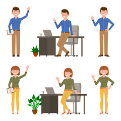 Happy, smiling, funny office worker man and woman vector illustration. Front view standing, holding notes, waving hello, leaning on table boy and girl cartoon character set on white