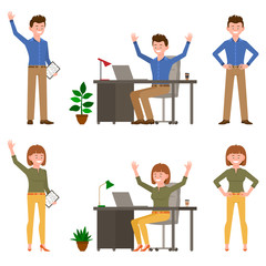 Very happy, smiling office man and woman vector illustration. Standing side, front view, waving hello, hands on hips young male and female cartoon character set on white