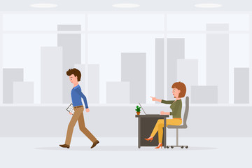 Obraz premium Angry, sad, desperate, upset man and woman vector illustration. Shouting, pointing finger, scolding, walking away office boy and girl cartoon character set on cityscape background