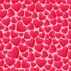 Valentines day pattern. Hearts icons on pink background. Hand drawn love symbols. Colorful valentine's day print. Graphic style cute hearts, traditional romantic decorated elements. Pink, red hearts. 