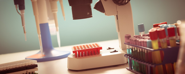 Laboratory of genetic research. PCR plates and multichannel pipettes