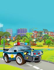 Fototapeta na wymiar cartoon scene with police car vehicle on the road - illustration for children