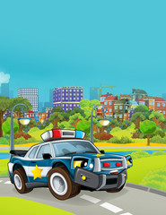 cartoon scene with police car vehicle on the road - illustration for children