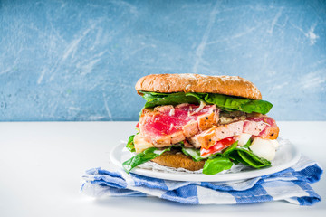 Various seafood and fish burgers assortment. Homemade healthy burger with grilled prawn, salmon, tuna, sea bass, fresh herbs, mozzarella cheese and baby spinach.