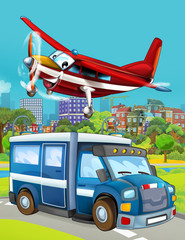 Obraz na płótnie Canvas cartoon scene with police car vehicle on the road and fireman plane flying - illustration for children