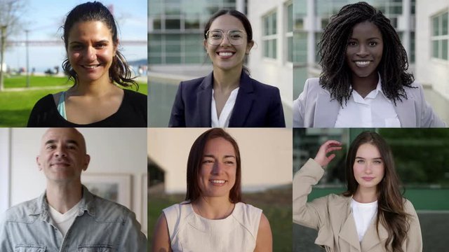 Collage of faces of diverse people. Multiscreen montage of cheerful multiethnic man and women posing and smiling at camera. Facial expression concept