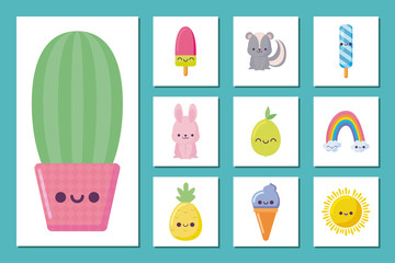 Kawaii cactus and icon set cartoons vector design