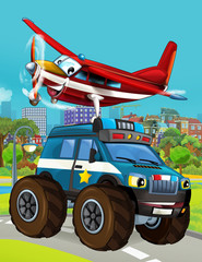 cartoon scene with police car vehicle on the road and fireman plane flying - illustration for children