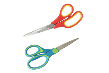 red and blue scissors isolated on white background. Two scissors isolated on white background. 