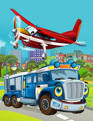 Obraz na płótnie Canvas cartoon scene with police car vehicle on the road and fireman plane flying - illustration for children